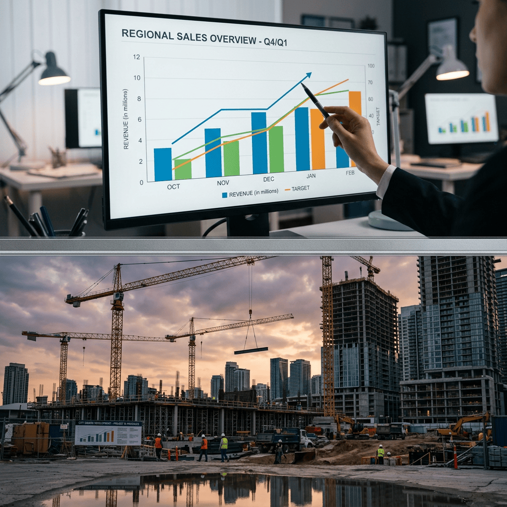 Person pointing at regional sales data graph on computer screen above active construction site with cranes and workers