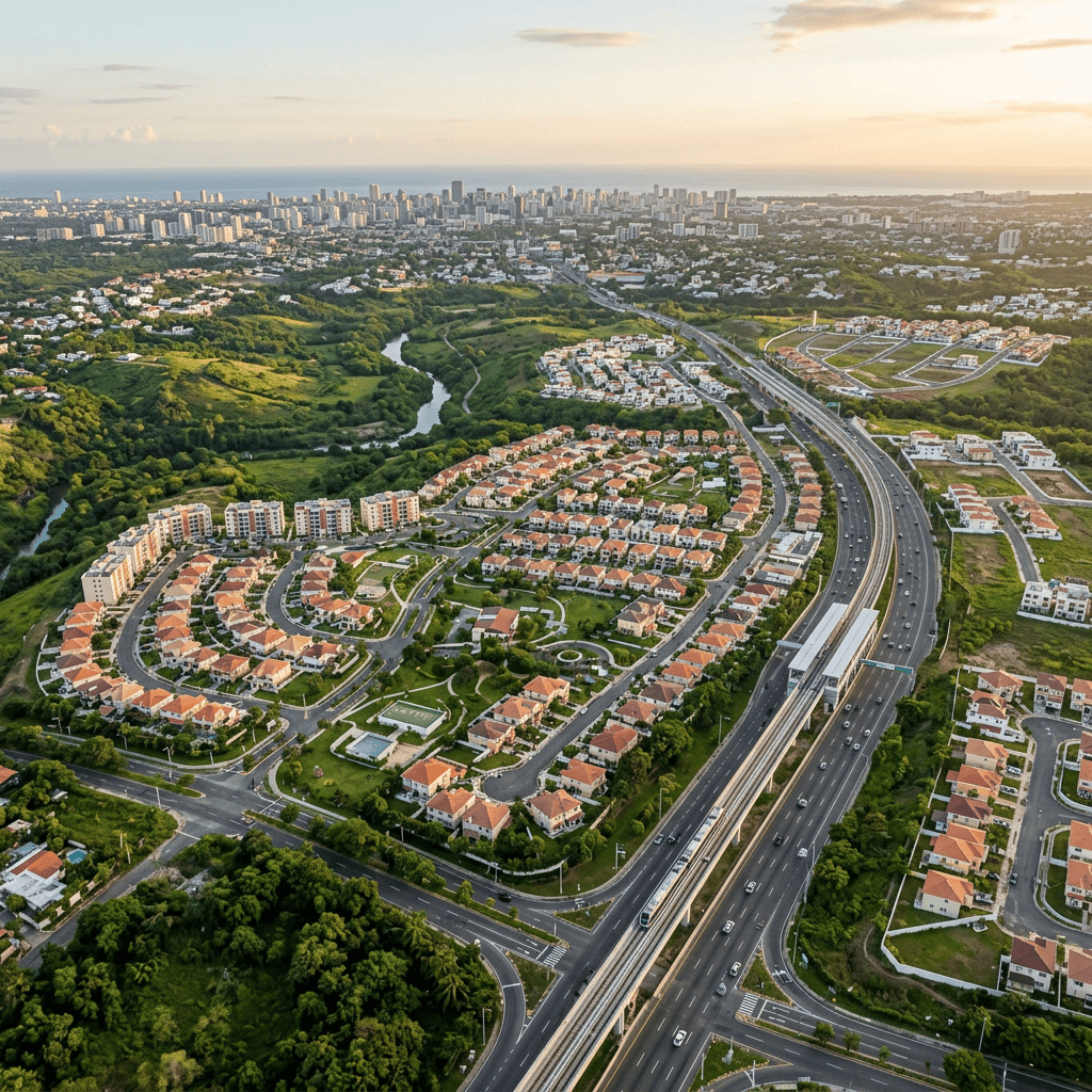 Aerial view of suburban neighborhoods, green waterways, highways, and coastal high-rises