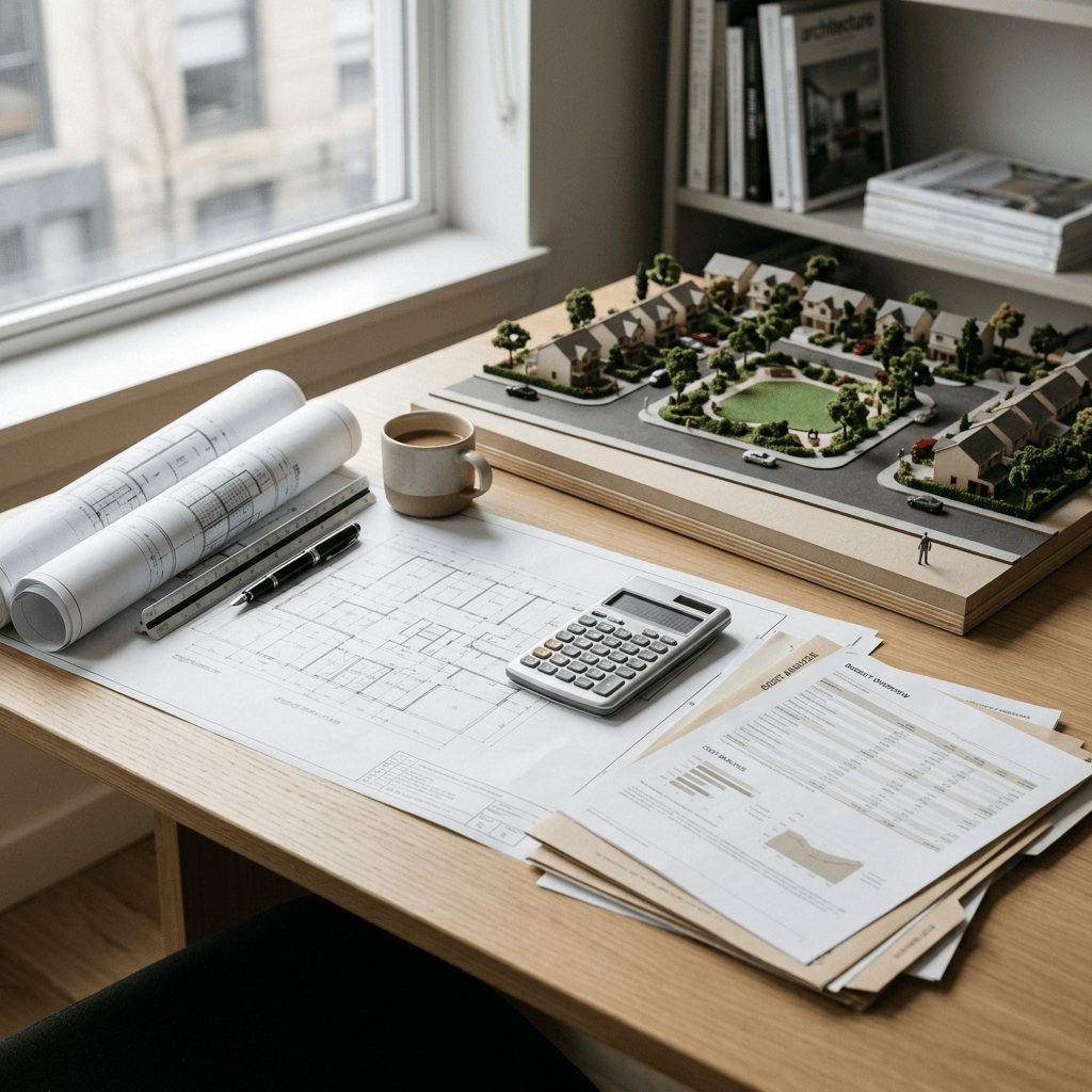 Architectural plans, calculator, reports, and neighborhood development model on desk